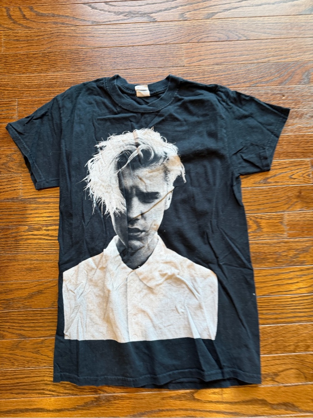 Justin Bieber Black Tee with White Portrait Graphic